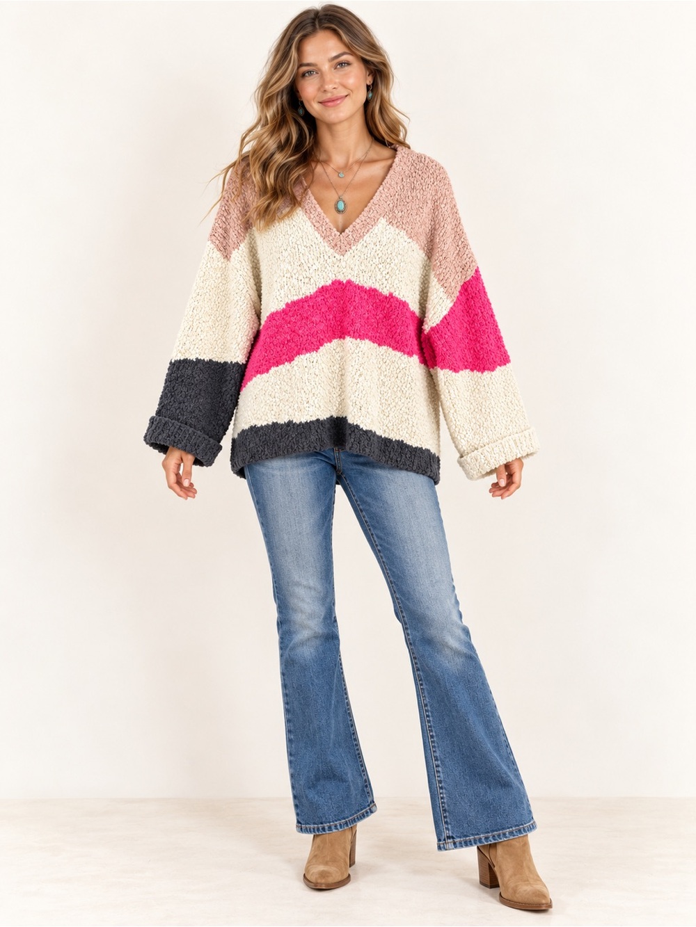 POL Bouclé V-Neck Colorblock Popcorn Knit Sweater Size L